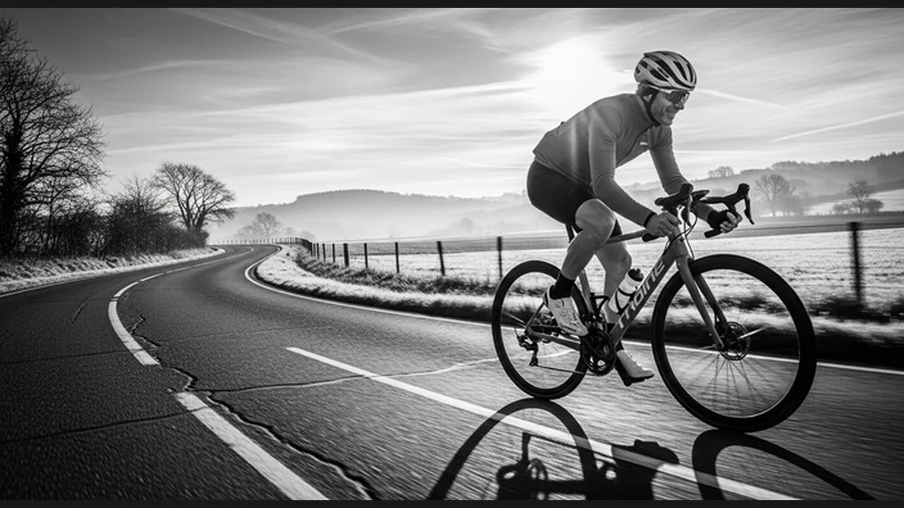 A cyclist riding on a winding country road in the morning light
